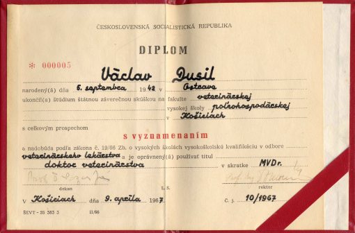 67.Apr.9 - Košice · Document, Vaclav Dusil (Veterinary Medicine, Honors Diploma, Czech)