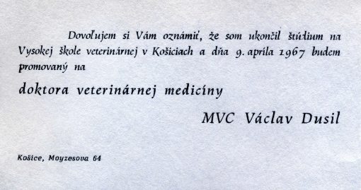 67.Apr.9 - Košice · Document, Vaclav Dusil (Veterinary Medicine, invitation)