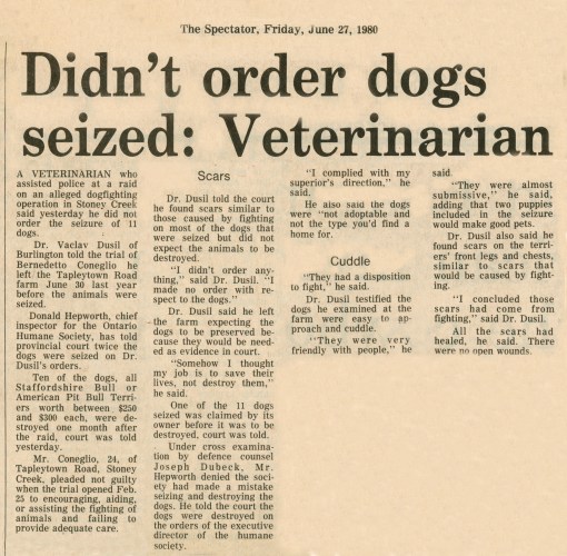 80.Jun.27 - Burlington · Vaclav Dusil (Article, Burlington Spectator, Veterinarian Didn't Order Dogs Seized)