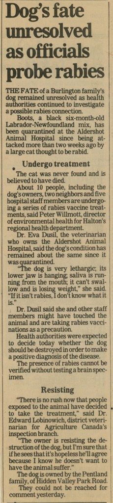 86.Jul.26 - Burlington · Eva Dusil (Article, Burlington Spectator, Dog's Fate Unresolved As Officials Probe Rabies)